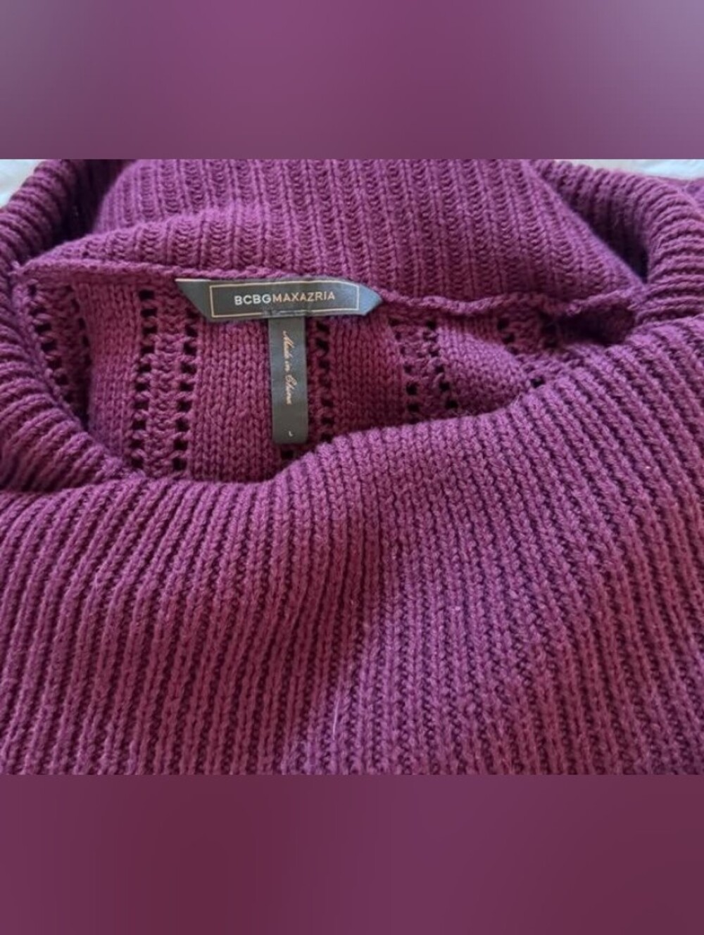 BCBGMAXAZRIA Pointelle Cowl Neck Merino Wool Blend Sweater Burgundy Size Large - Picture 4 of 6